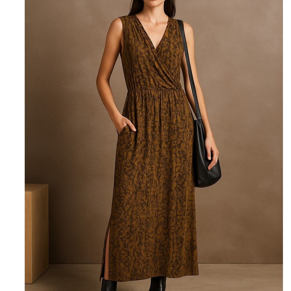 Garnet Hill Sleeveless Maxi Dress Large Brown Snake Print Surplice VNeck Pockets